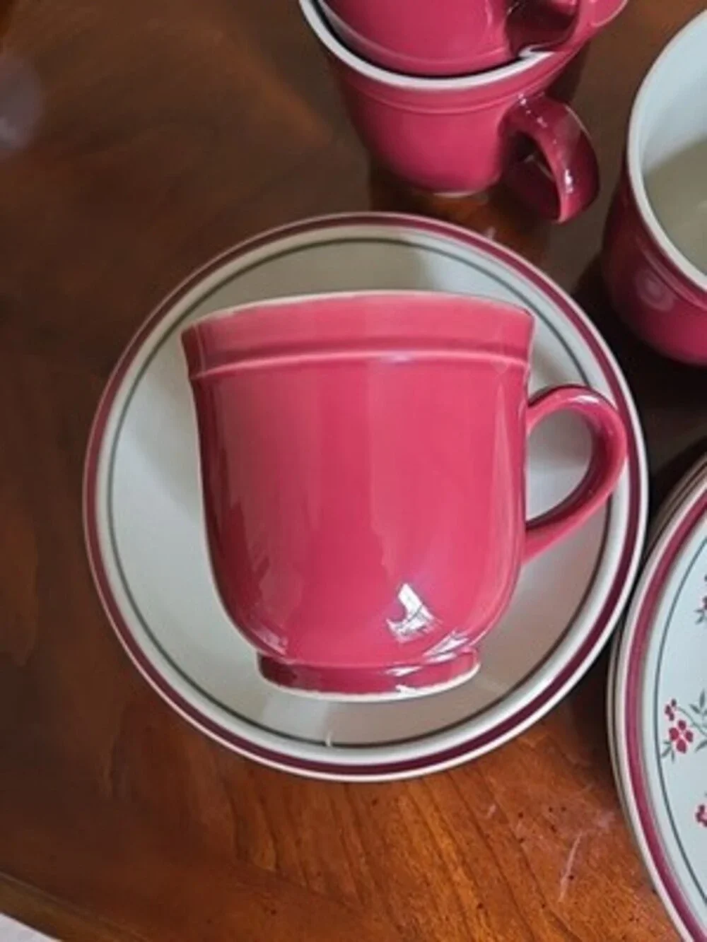 Burgundy Red Salad Plates, Teacups & Saucer Floral Newcor Stoneware 12 Pieces